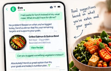 Evo chat showing a dinner suggestion adapted to a logged lunch and vegetarian preferences